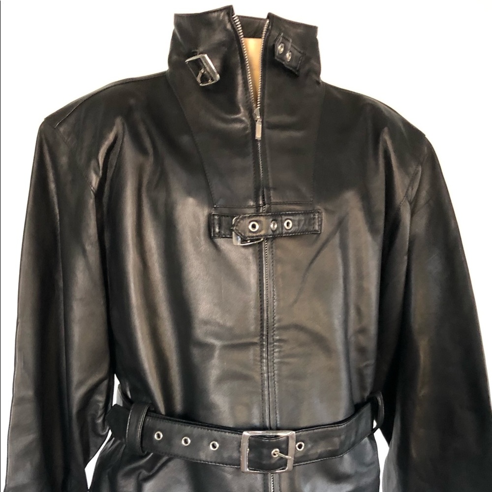 Black Leather jacket with silver buckles and belt in lamb skin and fully lined.